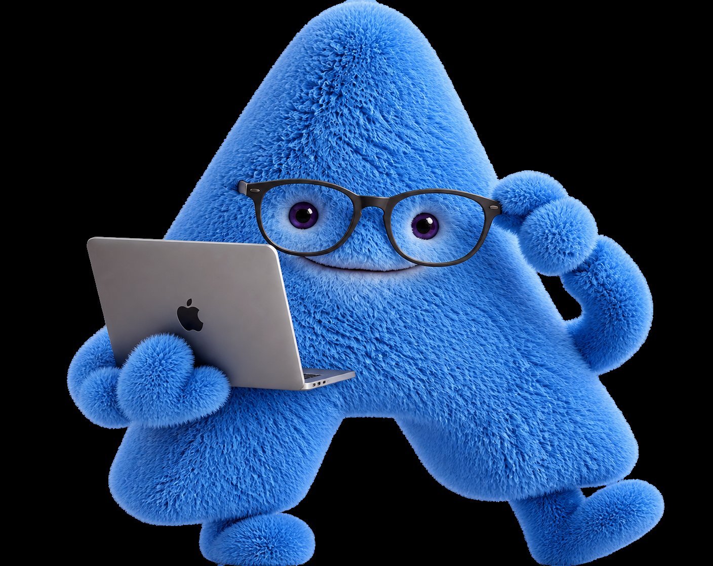 La mascota de AdUp, una letra A azul con anteojos y una notebook, mirando hacia vos